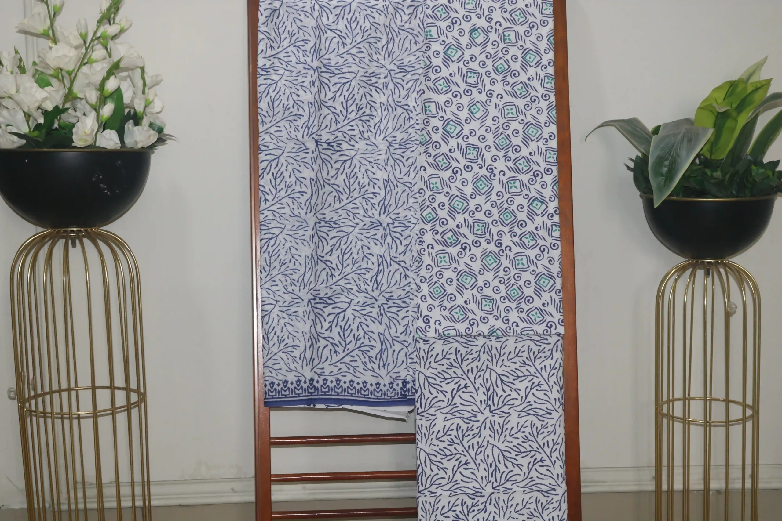 Hand Block Printed White Dress Material (Unstiched) - 103