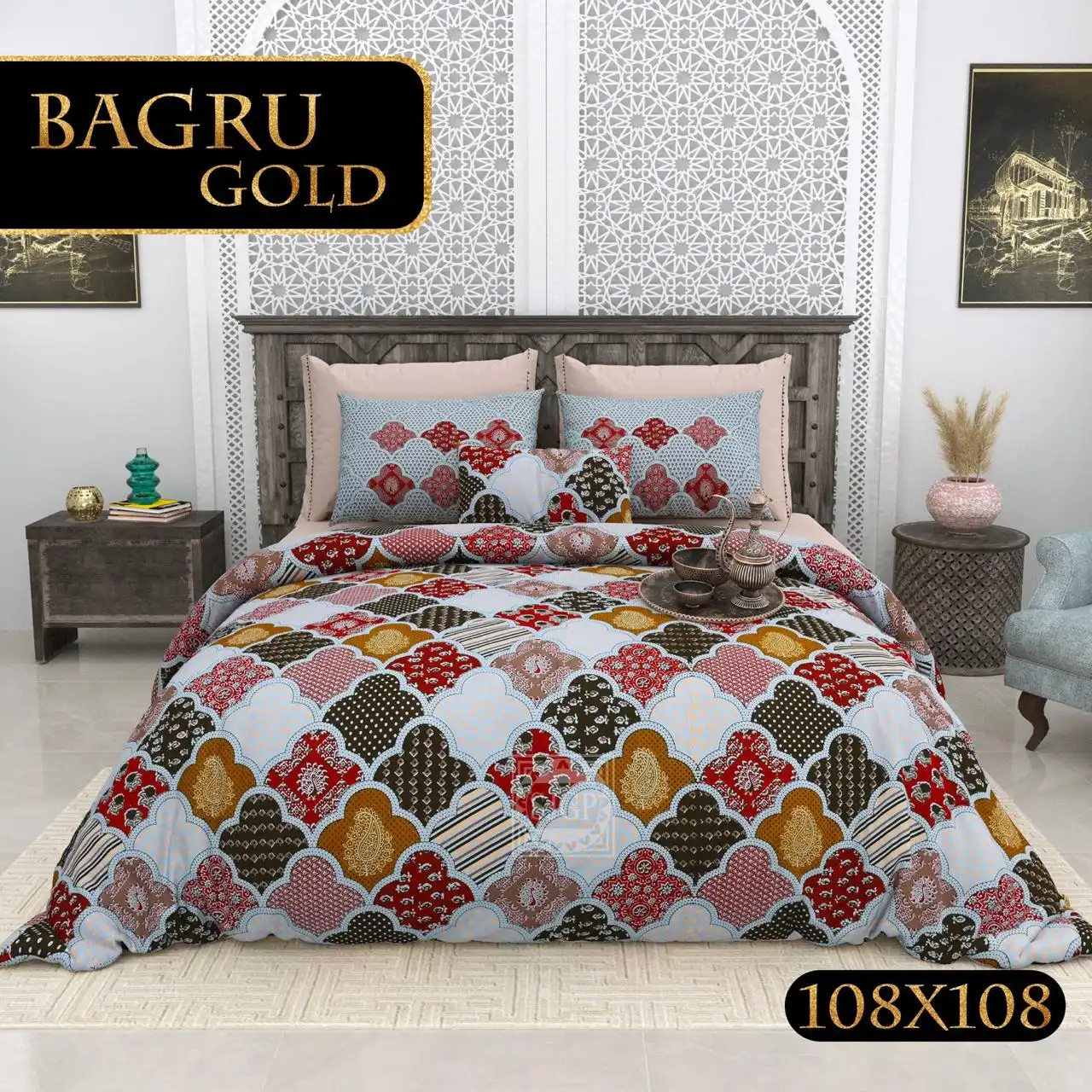 Bagru Gold Collection King Size Cotton Print Bedsheet - MP 17