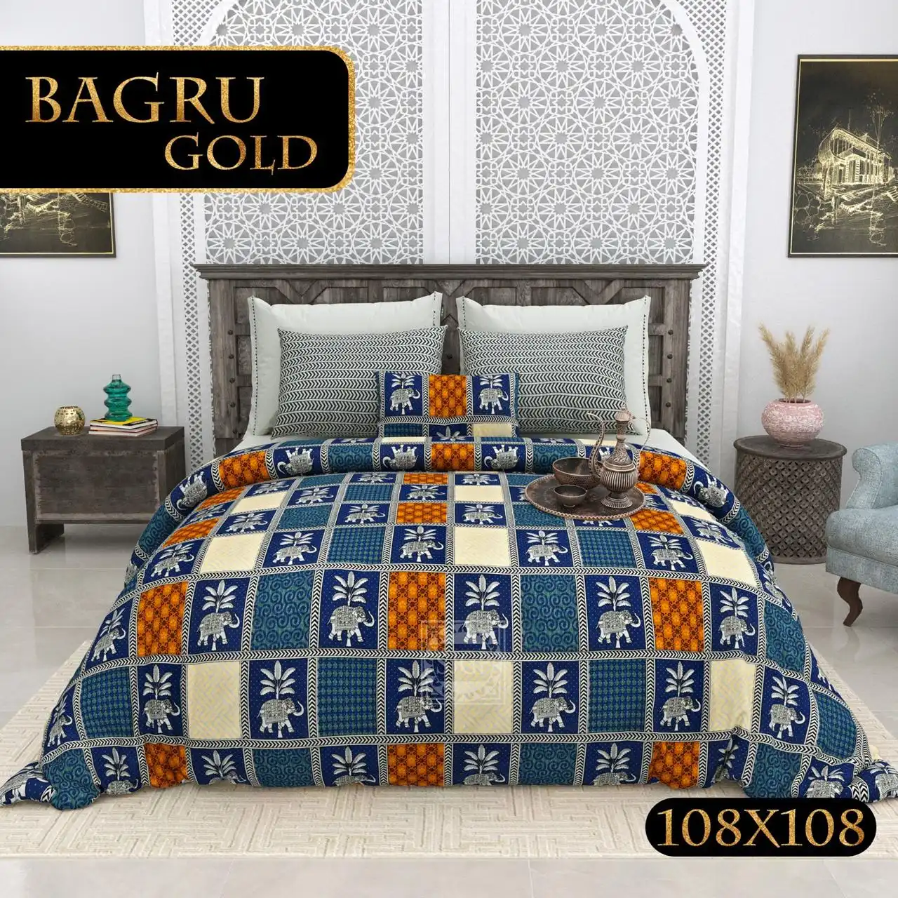 Bagru Gold Collection King Size Cotton Print Bedsheet - MP 19
