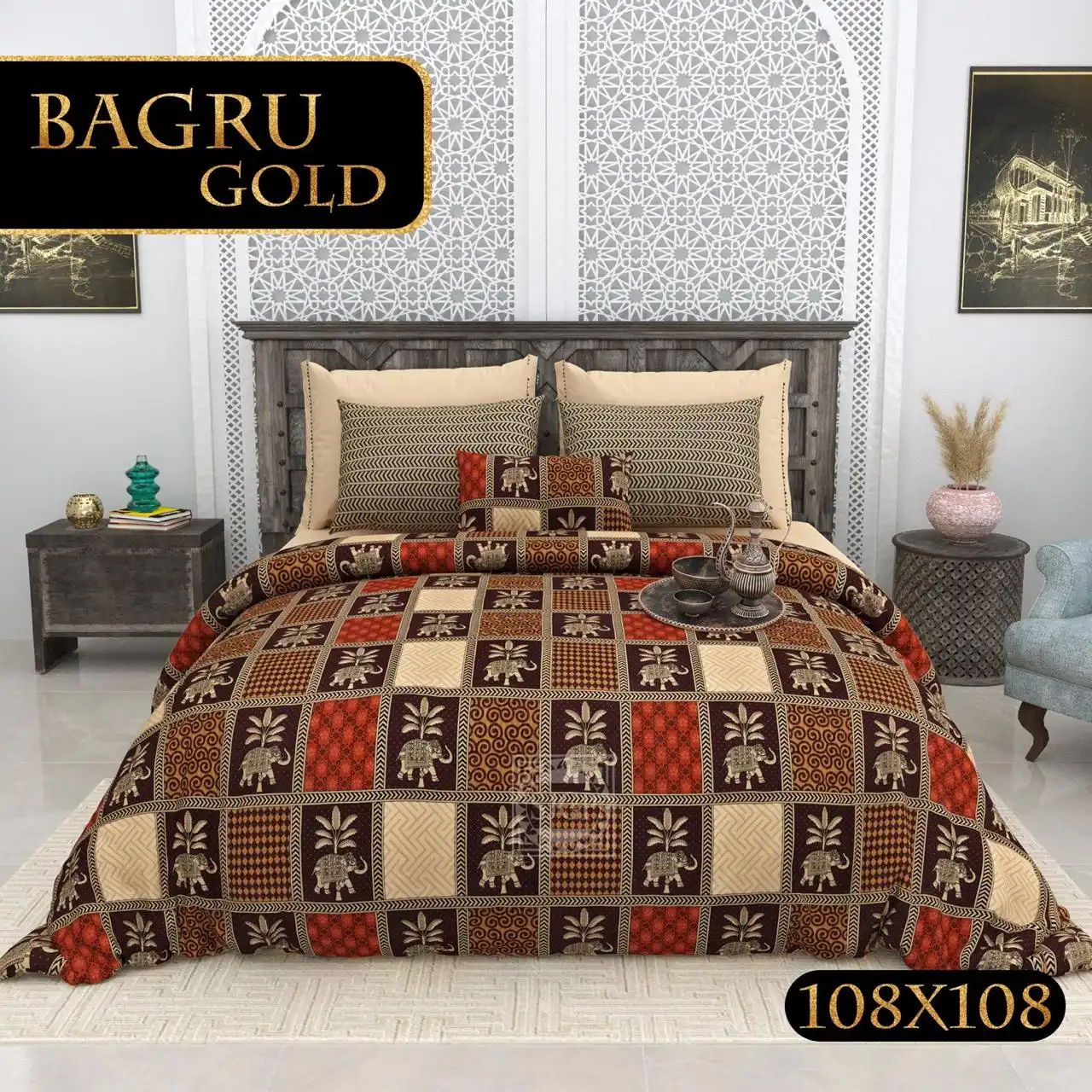 Bagru Gold Collection King Size Cotton Print Bedsheet - MP 20