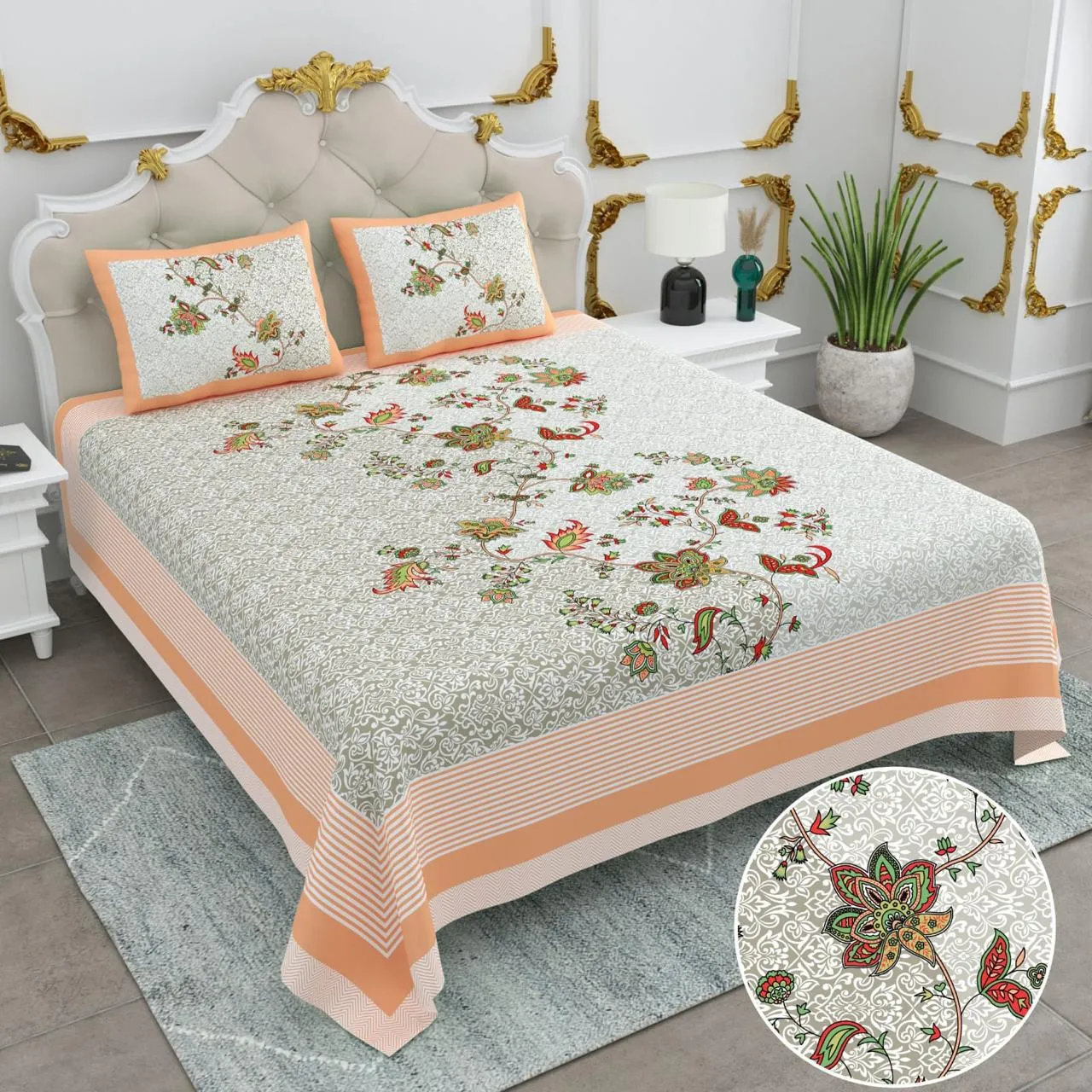 Basil Collection King Size Cotton Screen Print Bedsheet - MP 15