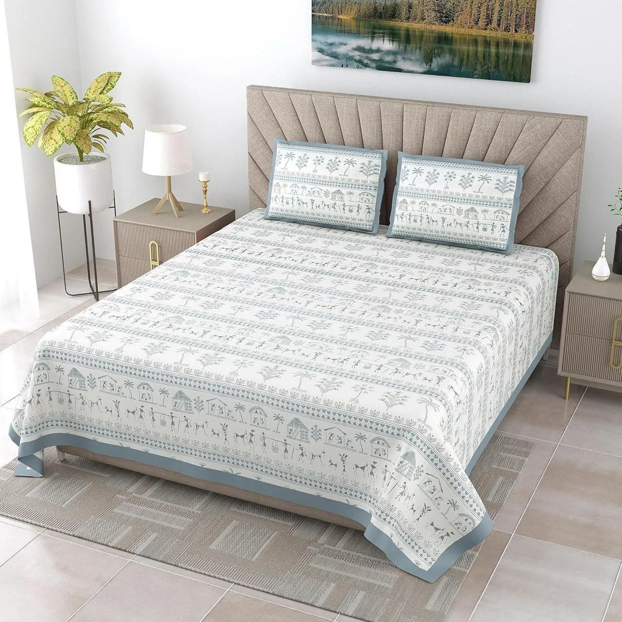 Basil Collection King Size Cotton Screen Print Bedsheet - MP 17