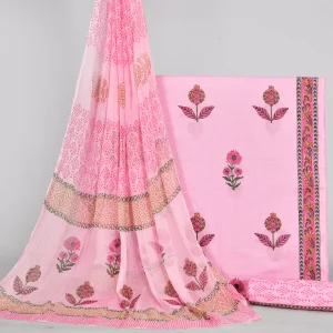 Cotton Hand Block Printed Dress Material (Unstitched) with Chiffon Duppatta- MP021