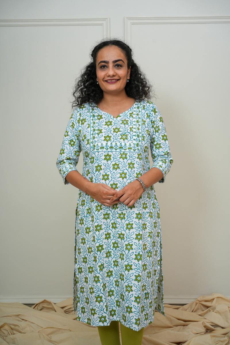 Azure Green Hand Block Printed Pure Cotton White Kurti