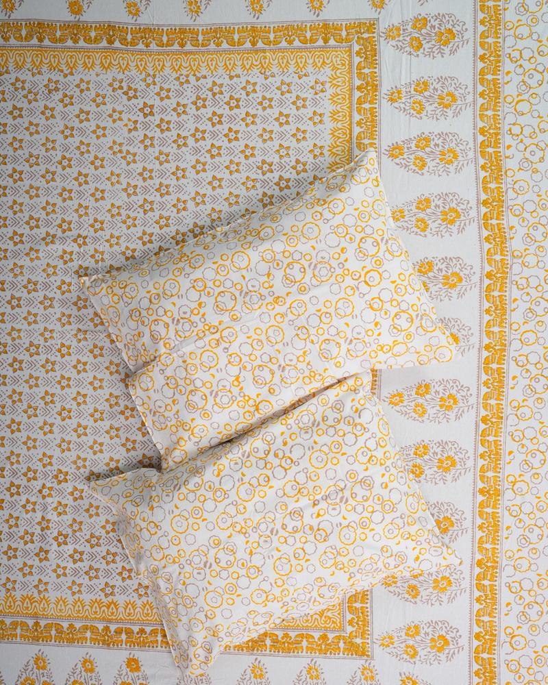 Cotton White Floral Hand Block Print King Size Bedsheet - Grey and Yellow