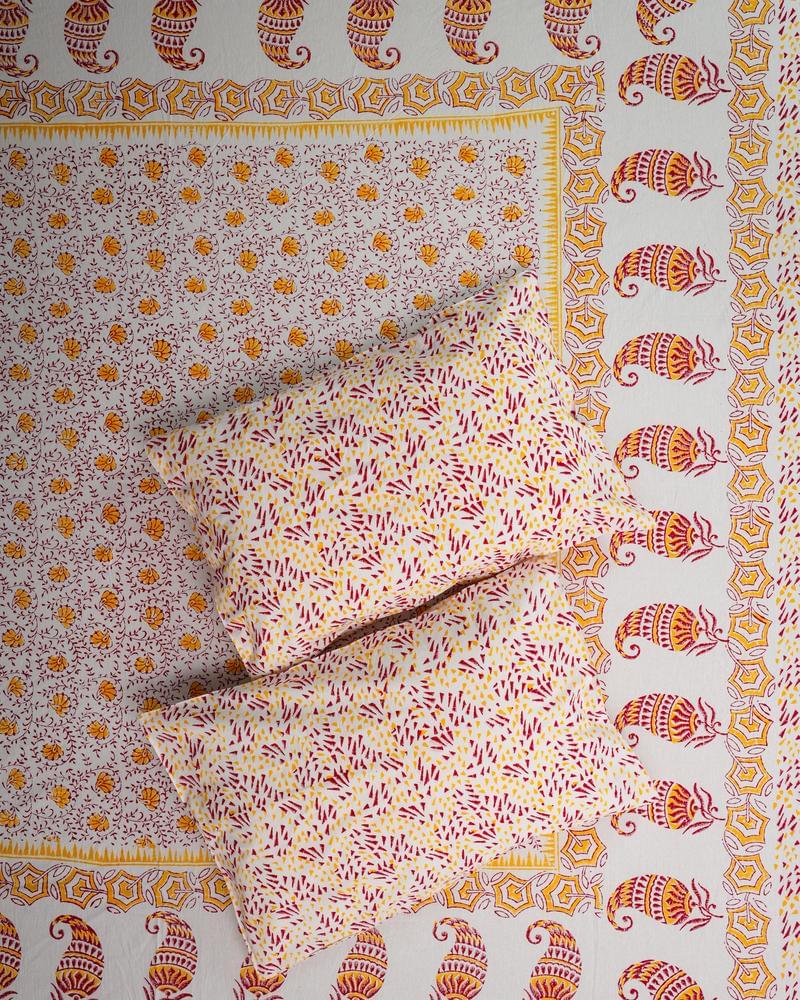 Cotton White Floral Hand Block Print King Size Bedsheet - Red and Yellow