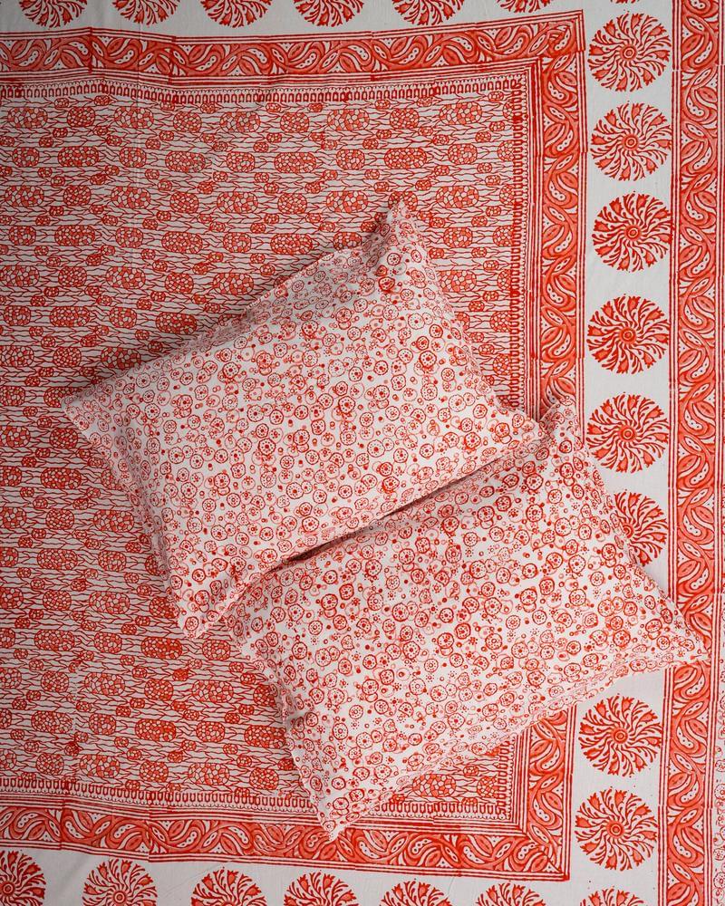 Cotton White Hand Block Print King Size Bedsheet - Orange and Peach