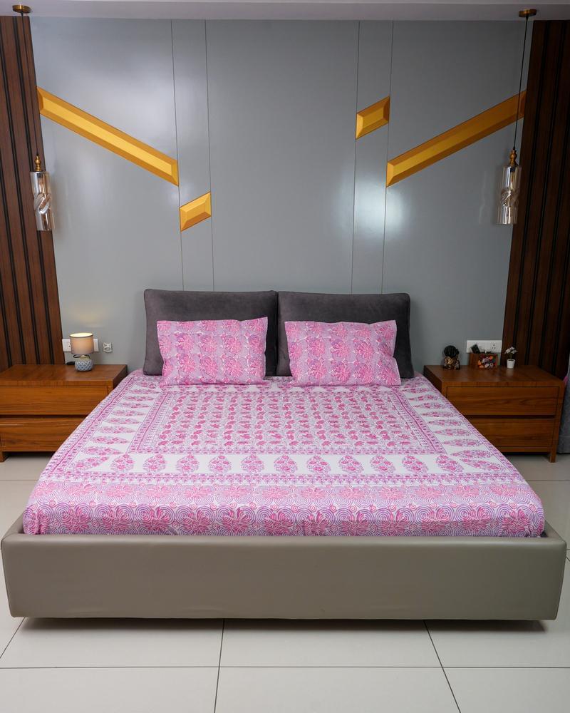 Cotton White Floral Hand Block Print King Size Bedsheet - Lilac and Pink
