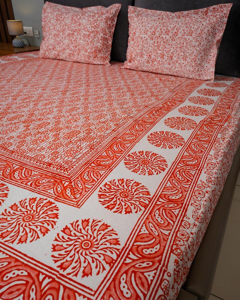 Cotton White Hand Block Print King Size Bedsheet - Orange and Peach - Image 2