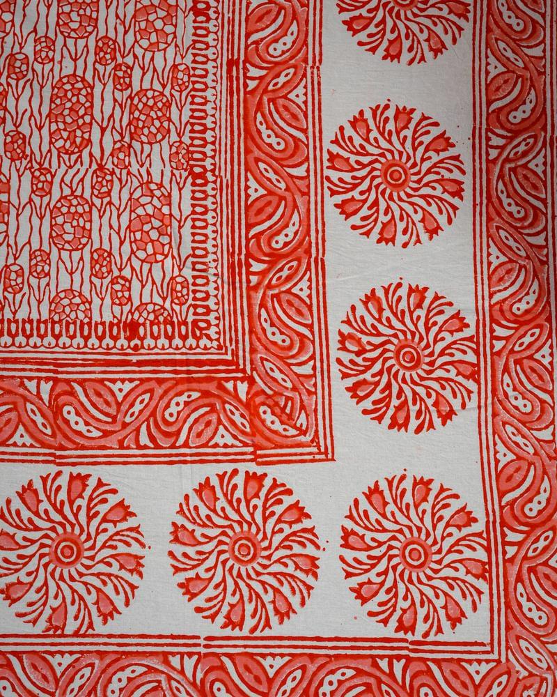 Cotton White Hand Block Print King Size Bedsheet - Orange and Peach - Image 3